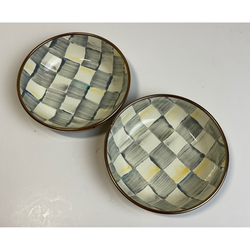 MacKenzie-Childs Parchment Check Enamel Dipping Bowls Set of 2 Ivory Grey 4in